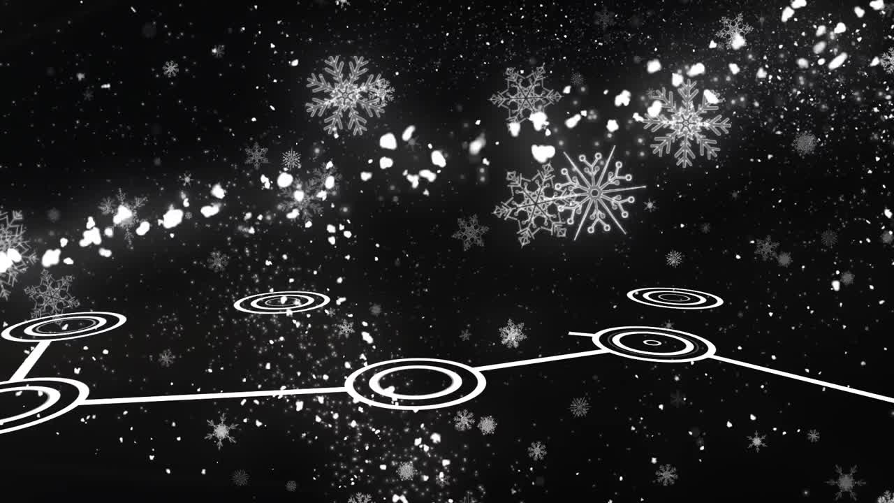 블랙 배경에 대한 연결 네트워크를 통해 떨어지는 별과 눈송이의 애니메이션