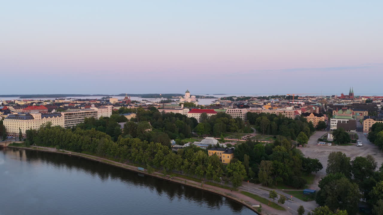 Aerial view of the Kaisaniemi park, the cathedral and downtown Helsinki, sunrise