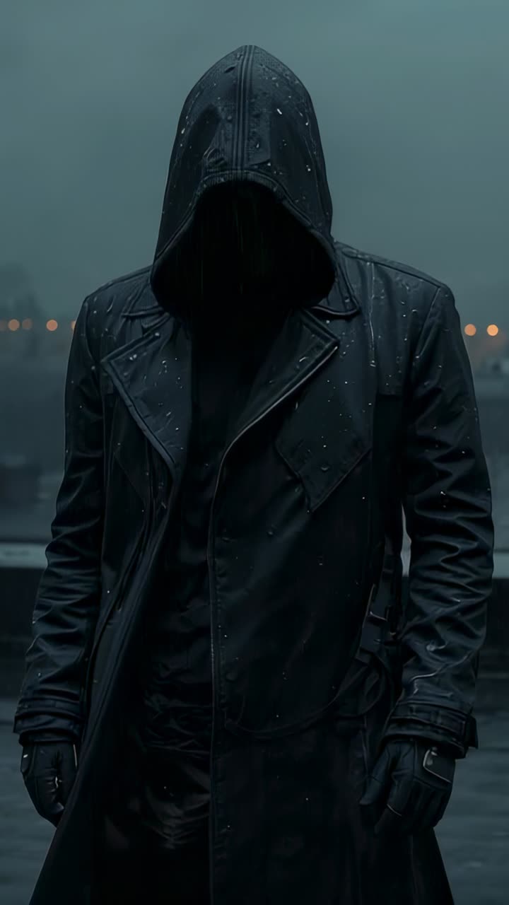 Vertical video: Rain starting soaking hooded figure in coat on foggy pier, with shimmering droplets