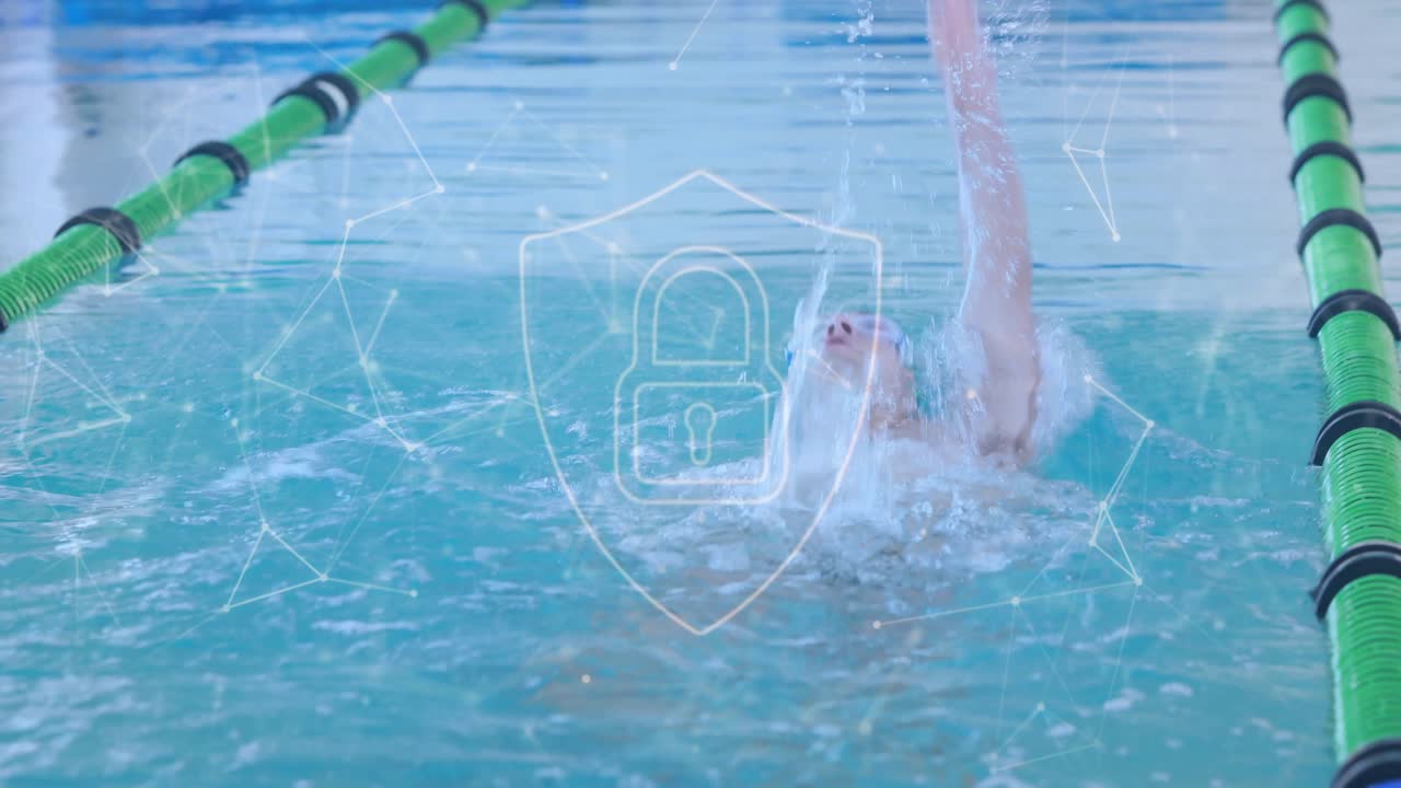 Schwimmer stößt sich von der Beckenwand ab und schwimmt eine Rückenschwimmbahn für die Gesundheit, mit grünen Bahnenleinen.