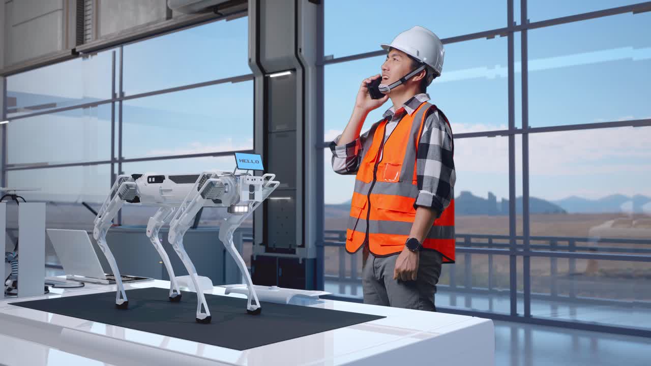 vista lateral completa del cuerpo de un ingeniero masculino asiático con casco de seguridad hablando en teléfono inteligente mientras está de pie en una fábrica de alta tecnología, analizando el concepto de máquina robótica