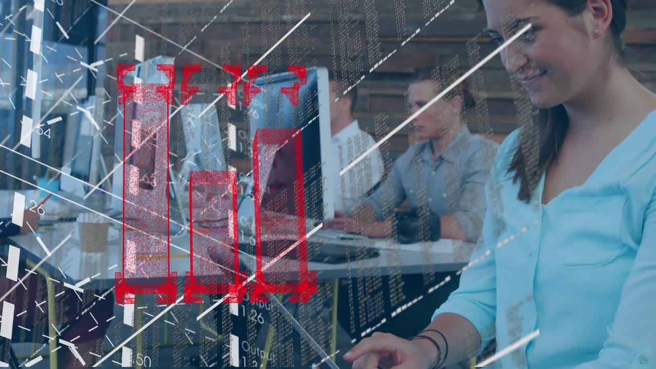Animation of numbers data processing over business people using electronic devices
