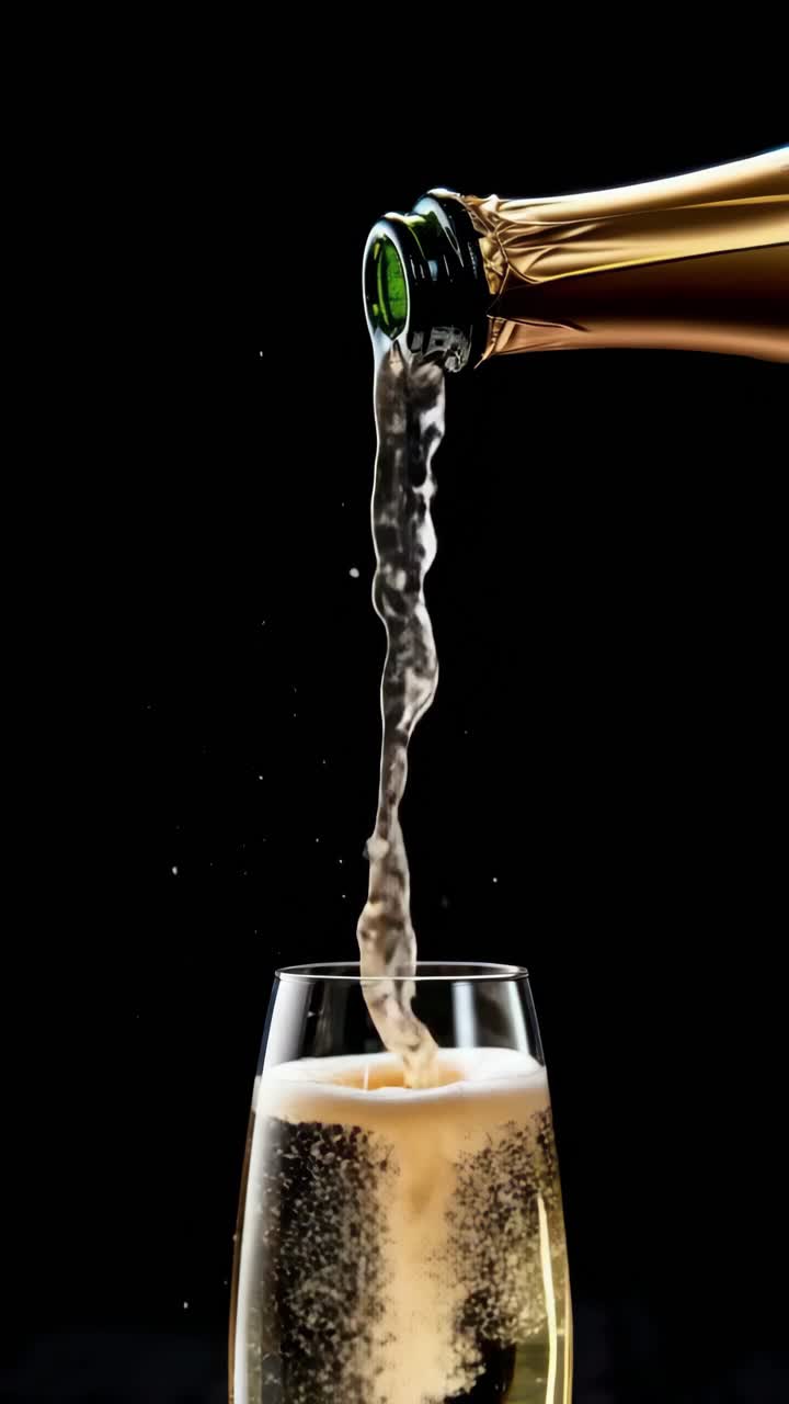 Close-up video concept of champagne pouring into a glass, captured from a side angle against a black