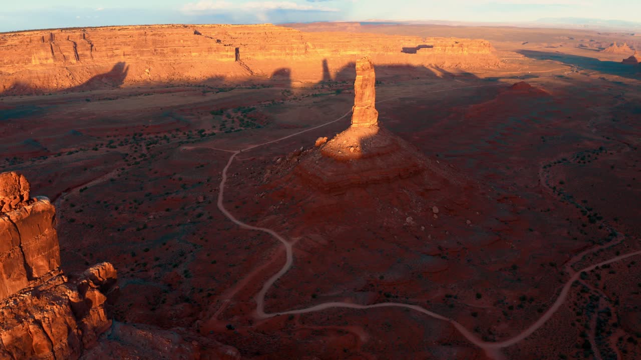 Aerial drone view of Valley of the Gods, Utah at sunset in Bears Ears National Monument