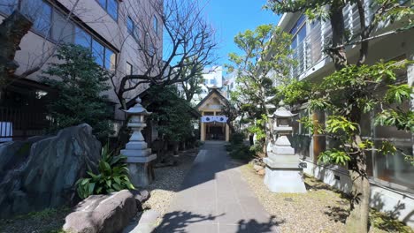 a peaceful pathway leading to a shrine in tokyo, framed by greenery and stone lanterns