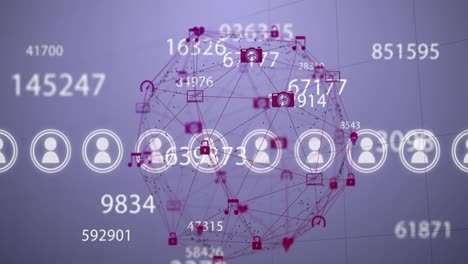 Animation-of-changing-numbers,-profile-icons,-spinning-globe-of-digital-icons-on-purple-background