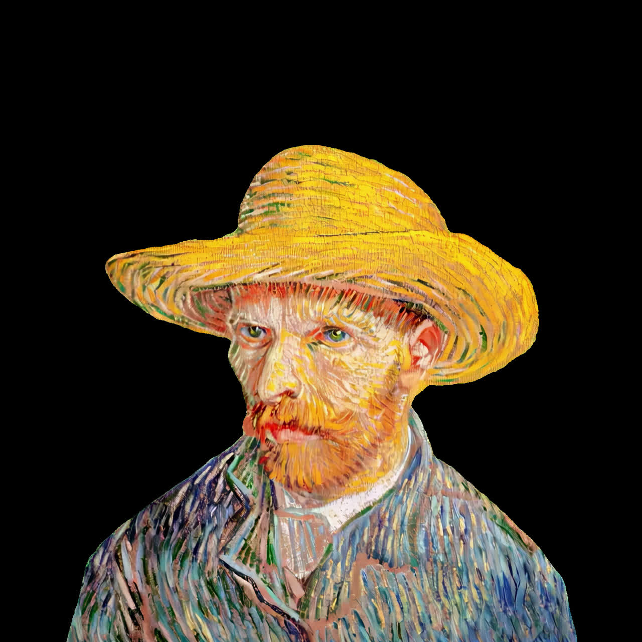 Self portrait by Vincent van Gogh animation isolated asset, transparent 4K video, alpha channel
