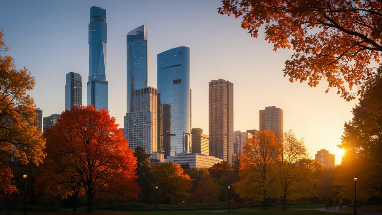 A Serene Autumn Evening in the City Park with Beautiful Fall Foliage and a Skyline of Modern Skyscrapers Bathed in the Warm Glow of the Setting Sun