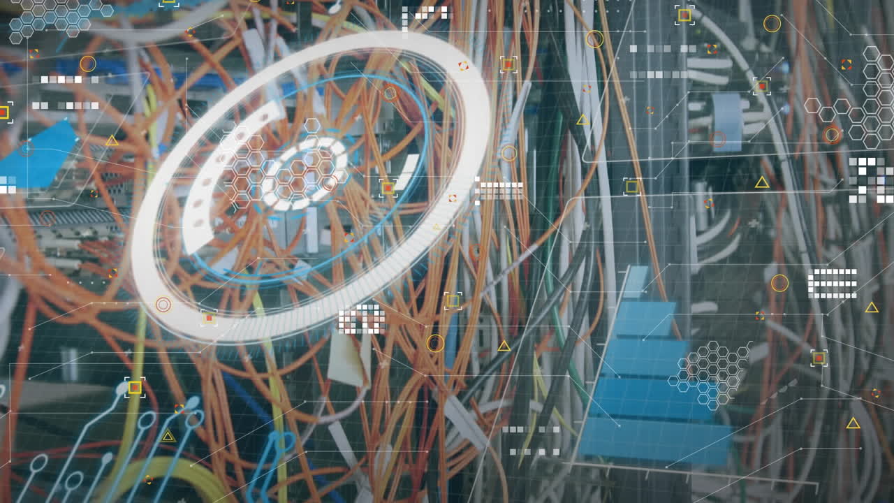 Animation of round scanner and data processing against close up of a computer sever