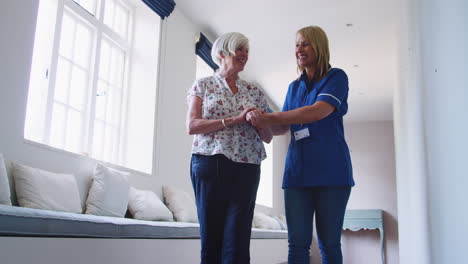 nurse helping senior woman walk