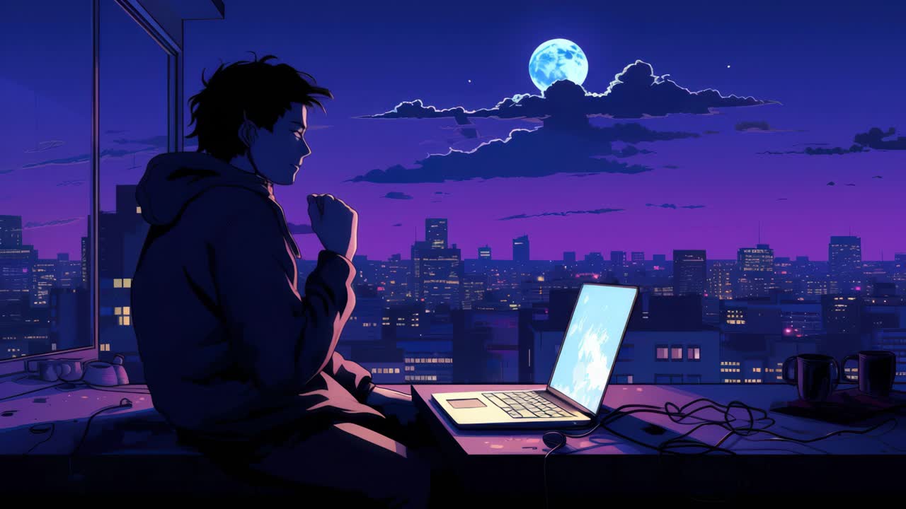 Scena in stile anime di una persona al laptop, in silhouette contro uno skyline notturno.