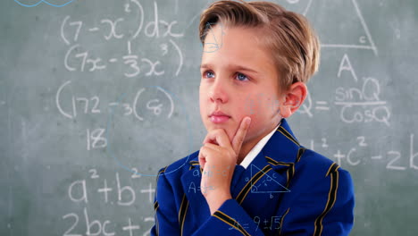 animation of math formulas over thoughtful caucasian boy over blackboard