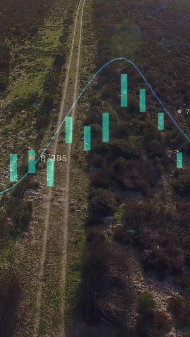 Financial graph and data analysis animation over aerial view of rural landscape