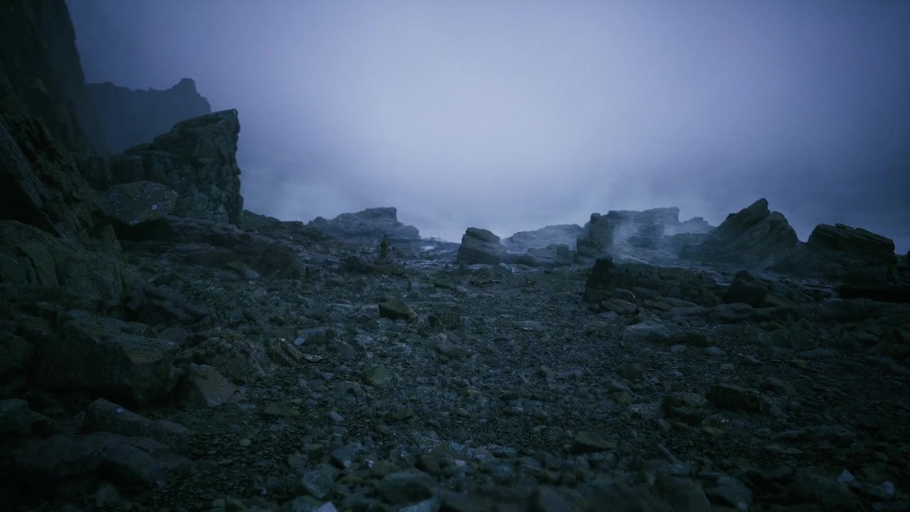 Foggy mountain terrain dense fog obscures jagged rocks on rugged moor
