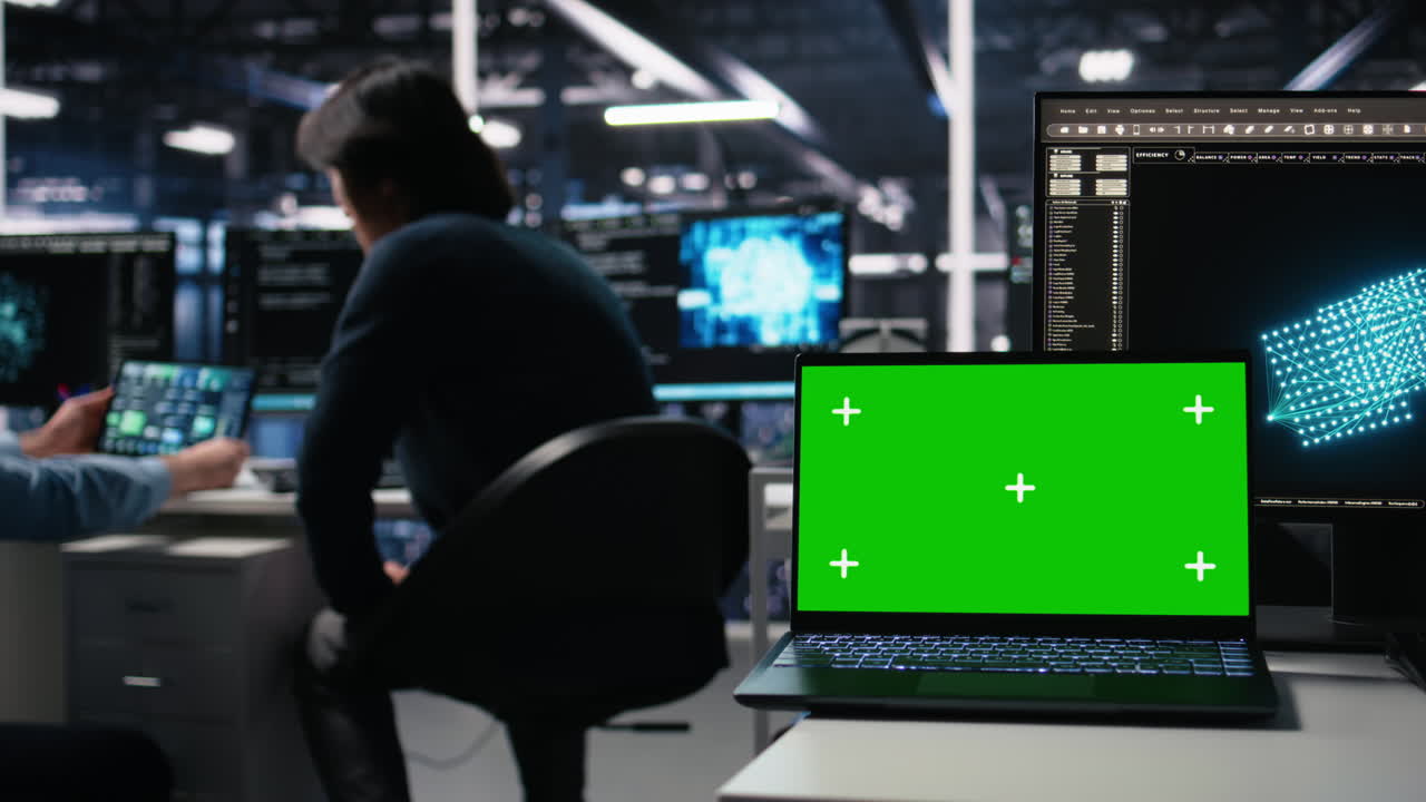 Close Up Of Mockup Laptop In Server Room Where Worker Uses Ai
