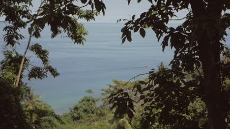 Blick-Auf-Ein-Fischerboot-In-Der-Ferne-Aus-Dem-Dschungel-Der-Insel-São-Tomé---Weitwinkelaufnahme