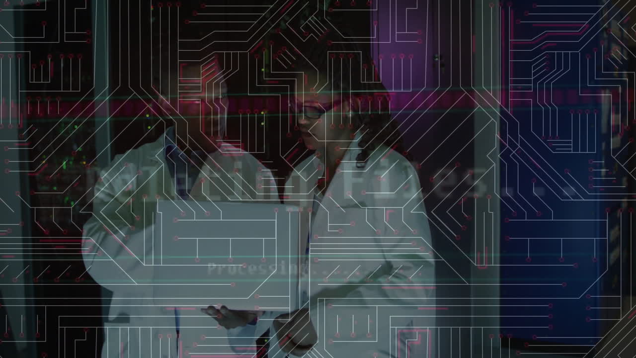 In lab, scientists in coats working with animation of circuit board pattern