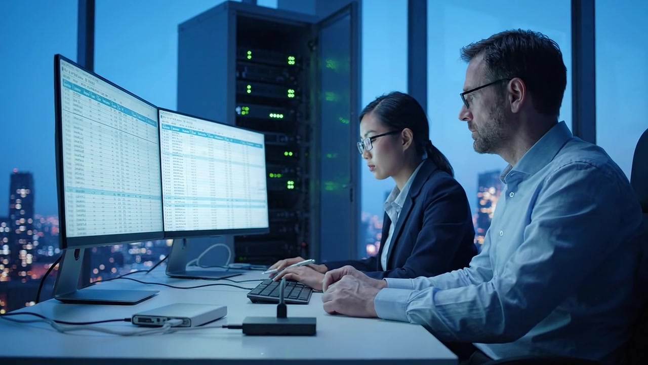 Profesjonelle analyserer data på et moderne kontor om natten med doble skjermer som viser regneark og serverutstyr i bakgrunnen