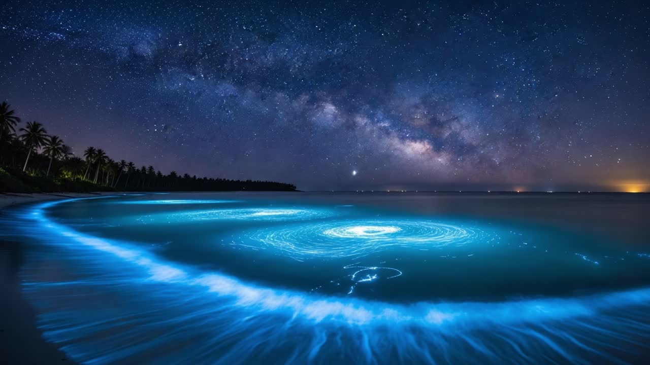 A Stunning Nightscape of the Milky Way Over a Bioluminescent Beach, Featuring Swirling Waves of Glowing Blue Light Along the Shoreline