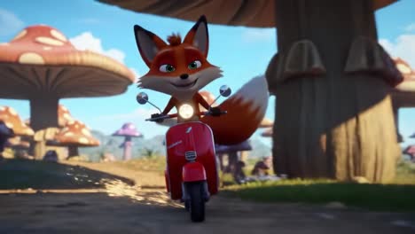 a lively animated fox rides a bright red scooter through a whimsical landscape filled with large, colorful mushrooms, showcasing a vibrant and playful adventure