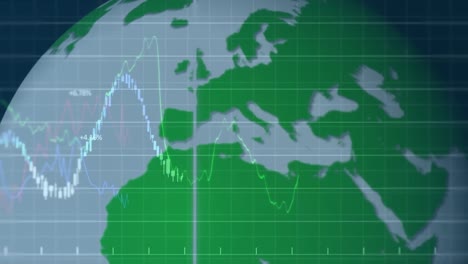 Animation-of-financial-data-processing-and-globe-over-solar-panels-and-wind-turbine