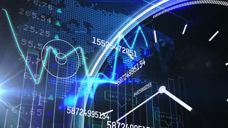 Animación-Del-Tictac-Del-Reloj,-Cambio-De-Números-Y-Procesamiento-De-Datos-Estadísticos-Contra-El-Mapa-Mundial