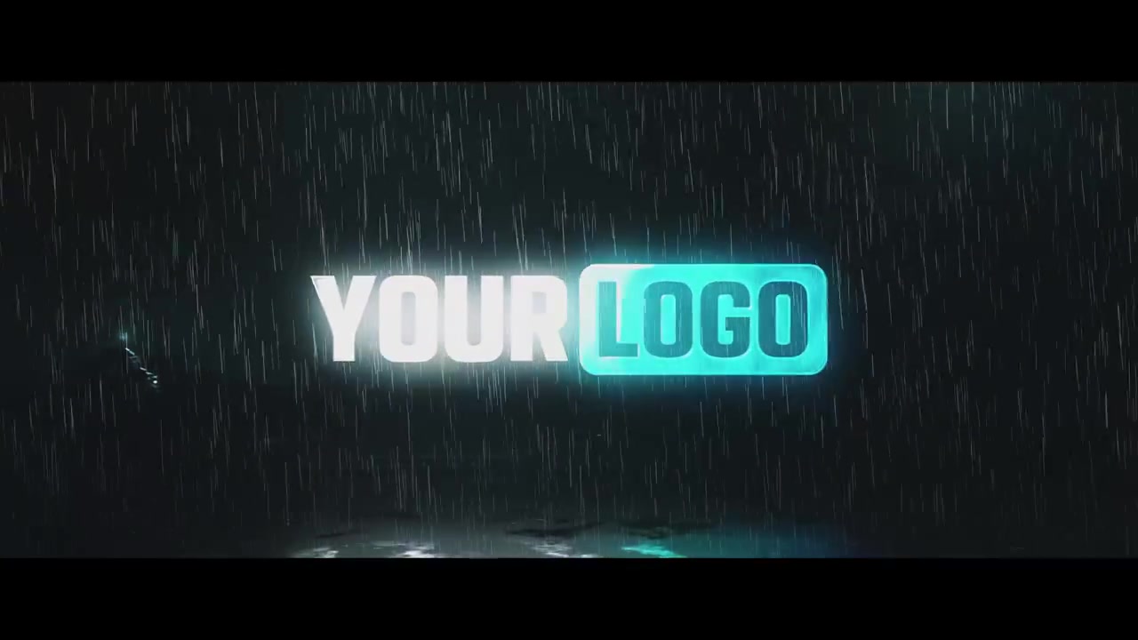 Animazione di rivelazione logo con glitch digitale e sfondo pioggia
