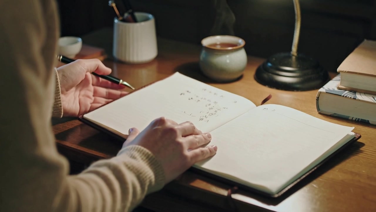 Starting hands in beige sweater writing, flipping closing notebook with pen at desk to secure notes