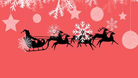 Animation-of-santa-claus-in-sleigh-with-reindeer-over-snow-falling-on-red-background