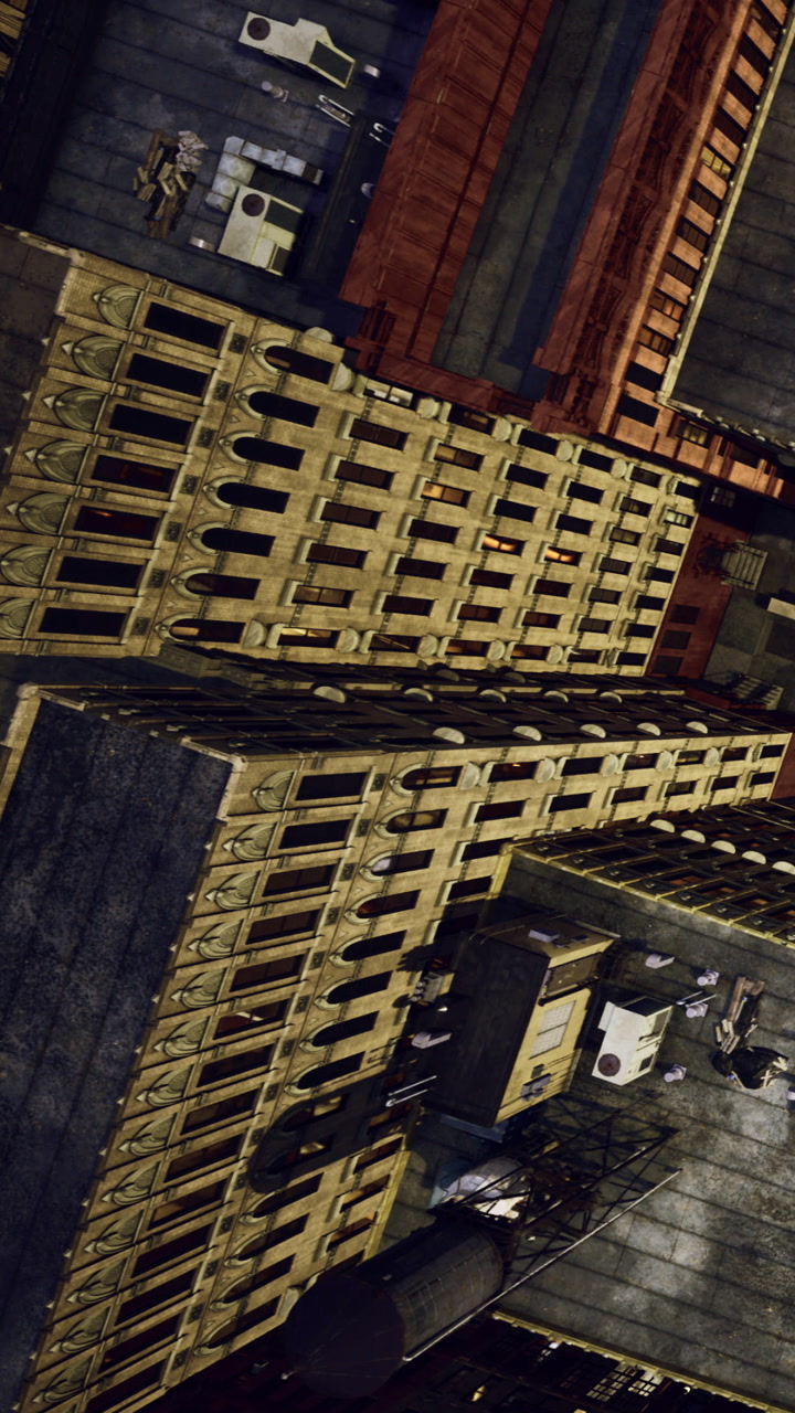 Birds eye view of urban buildings and rooftops at sunset