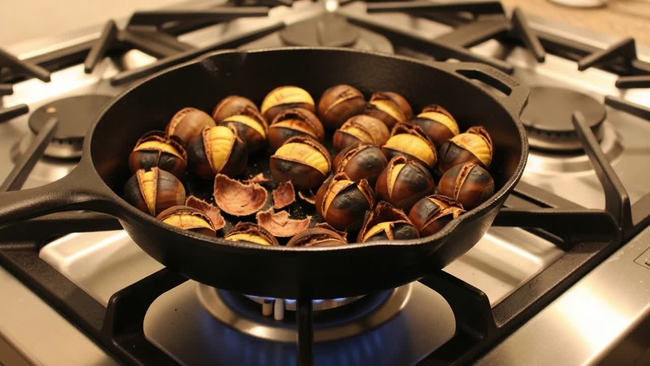 Roasting Chestnuts to Perfection: Step-by-Step Process of Preparing Delicious Chestnuts in a Cast Iron Skillet Over a Gas Flame for a Perfect Fall Treat