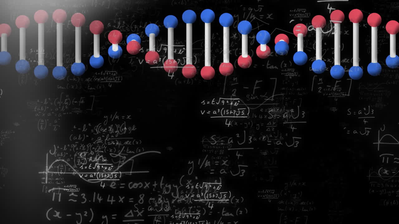 цифровая анимация структуры днк, вращающаяся против математических уравнений на черном фоне
