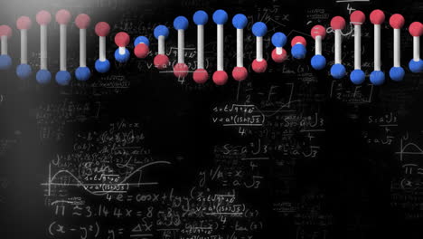 animación digital de la estructura del adn girando contra ecuaciones matemáticas en fondo negro