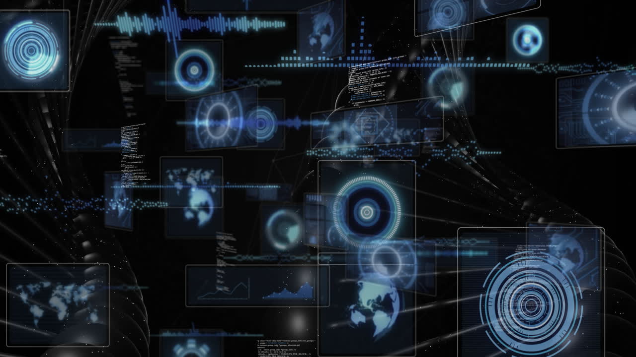 Animation of futuristic digital interface with data visualizations on black background