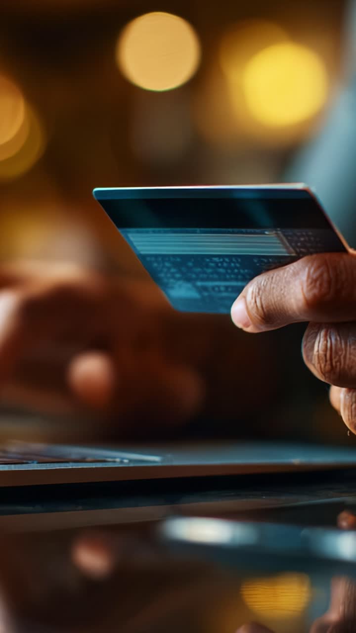 Person Holding Credit Card While Using Laptop, Representing Online Shopping and Digital Payment Experience with Blurred Background Out of Focus