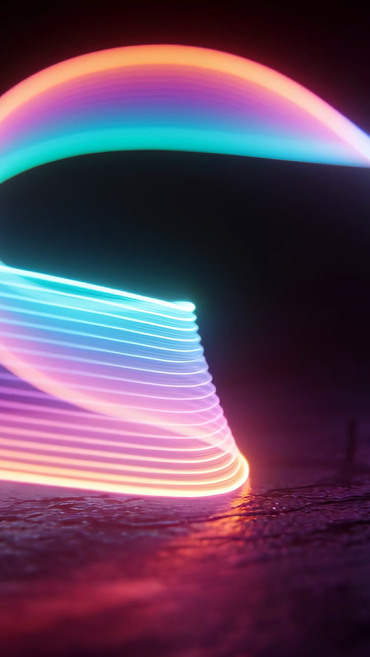 Vertical video: Frames advancing, neon ribbon and spiral uncoiling over shiny floor, forming loop