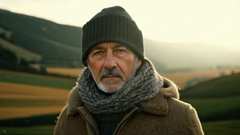 farmer with a grey beard and winter clothes is posing in front of a beautiful countryside landscape