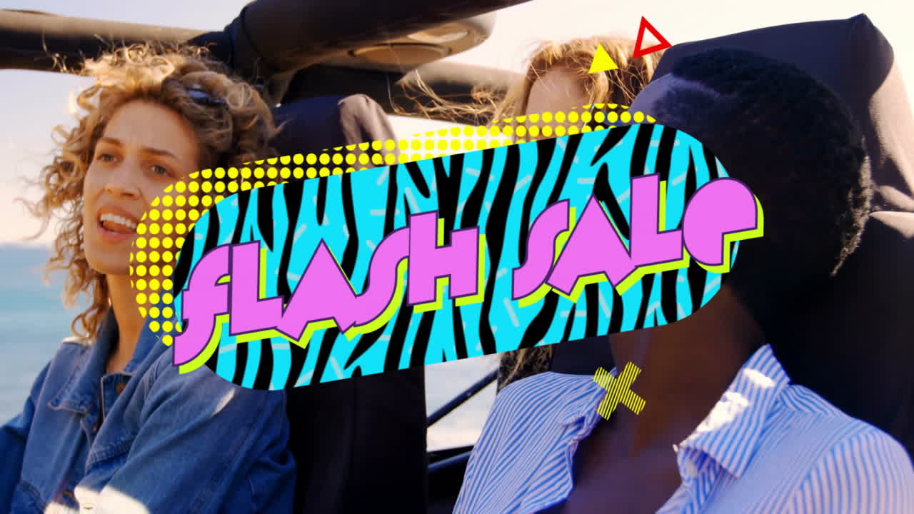 Flash sale text animation over friends enjoying convertible car ride