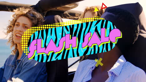 flash sale text animation over friends enjoying convertible car ride