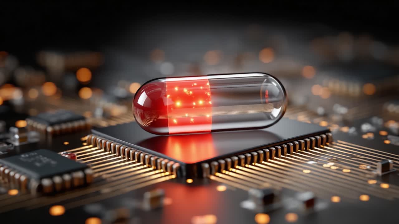 A Futuristic Fusion of Medicine and Technology: A Glowing Red Capsule on a Circuit Board, Merging Pharmaceutical Innovation with Advanced Electronics