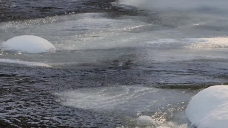 Wasser-Fließt-Einen-Eisigen-Fluss-Hinunter,-Während-An-Einem-Sonnigen-Wintertag-Das-Eis-Schmilzt