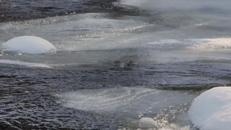el agua fluye por un río helado, mientras el hielo se derrite en un soleado día de invierno