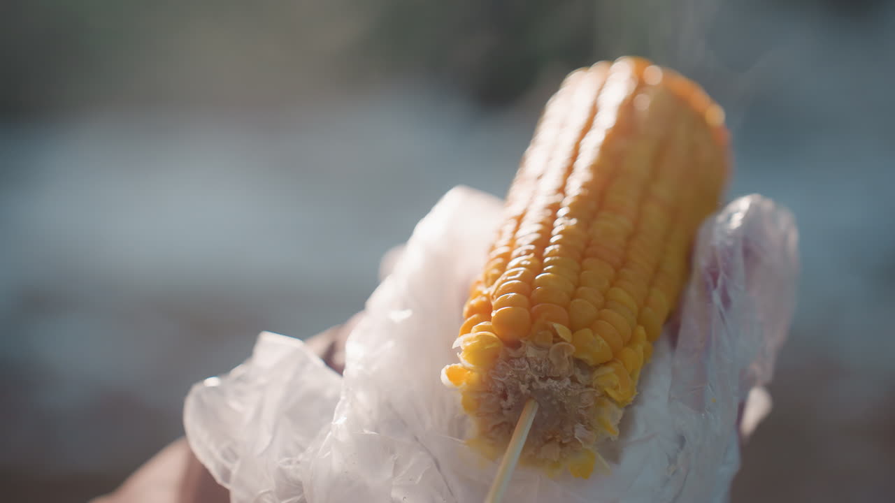 primer plano de una persona sosteniendo y girando maíz caliente en un palo con vapor que se eleva en un entorno al aire libre fresco, centrarse en la textura del maíz, fondo borroso, bocadillo caluroso en la calle en clima frío