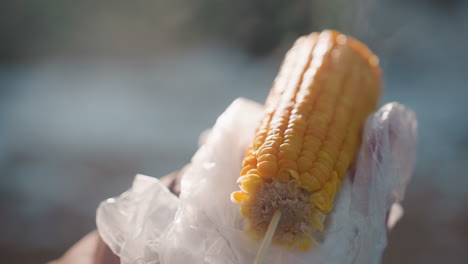 close up of person holding and rotating hot corn on stick with steam rising in cool outdoor setting, focus on corn texture, background blurred, warm street snack in cold weather