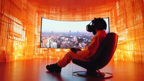 a man sitting in a chair in front of a large screen with a city view