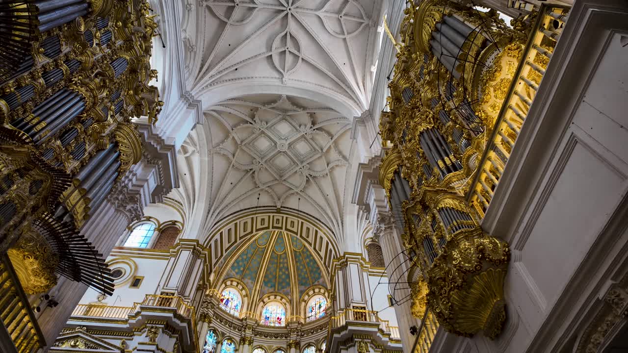 Panoramic view of Granada Cathedral’s circular main chapel, towering columns, ornate white-and-gold décor, and the monumental organ beside the central aisle