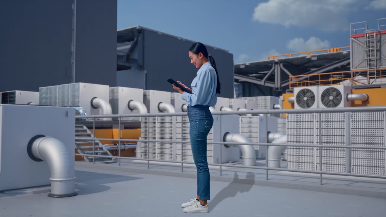 Full Body Side View Of Asian Female With Her Tablet, Worker Inspecting Rooftop HVAC Units in Industrial Building, Working Continuously With Her Tablet