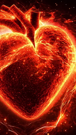a heart is shown in a fiery red color. the heart is surrounded by a stream of fire, which gives the impression of a burning heart. concept of passion, love, and intensity