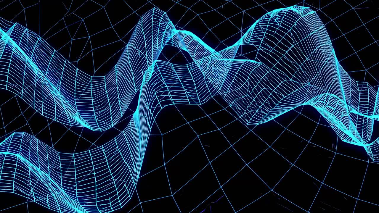 Abstract 3D wireframe waves in neon blue on a black background, viewed from a dynamic angle