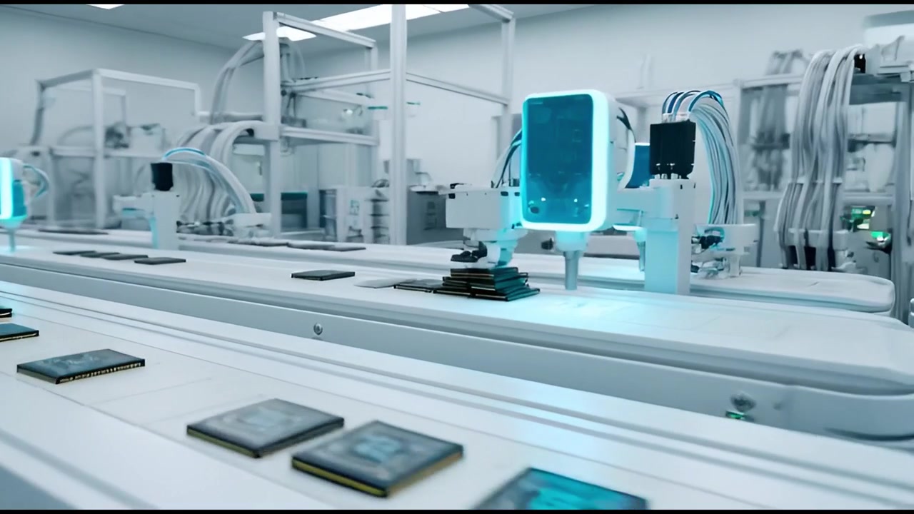 Automated Microchip Production on a Conveyor Belt in a High-Tech Factory
